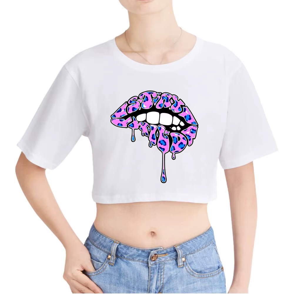 Ben Azelart Stay Wild Lip Vintage 90s Crop Top Exposed Navel T-Shirt Oversize O-Neck Tops Women Funny