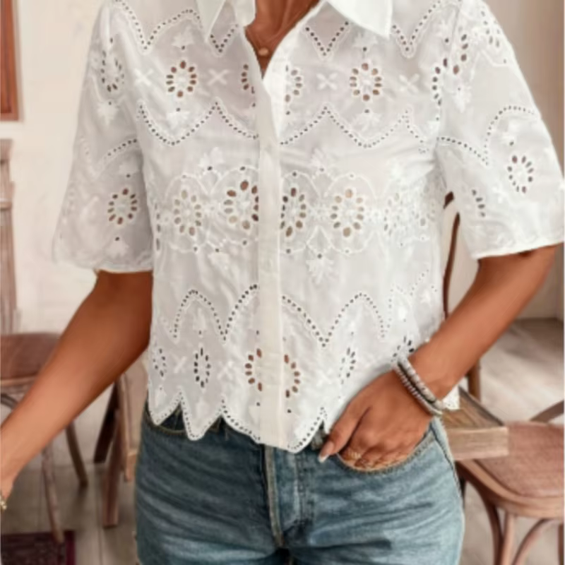 Femmes blanc chemise élégante mode crochet fleur creux à manches courtes hauts chemises