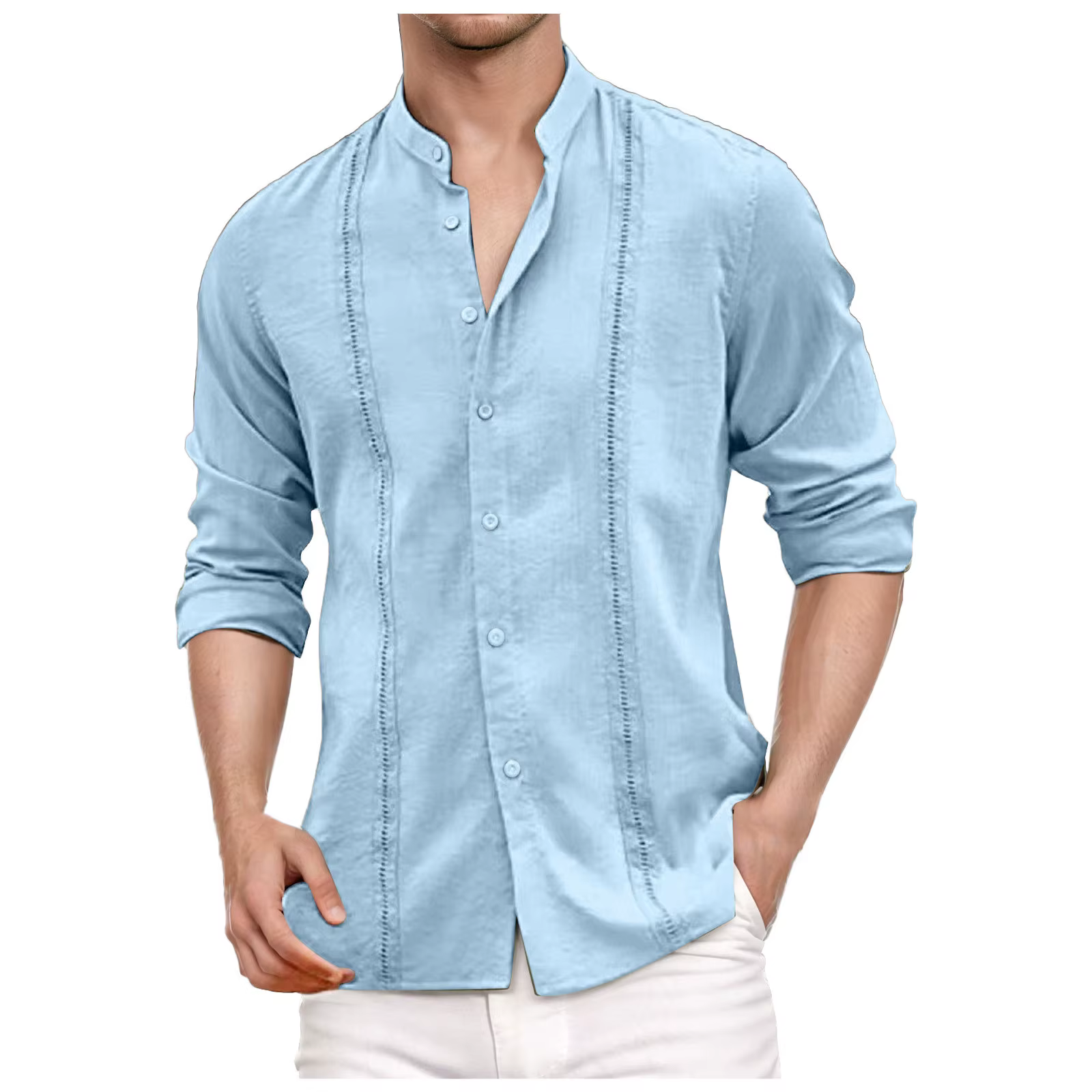 Chemises cubaines vintage pour hommes, mode printemps-automne, chemise guayabera unie à manches longues, chemise en coton et lin avec boutons brodés