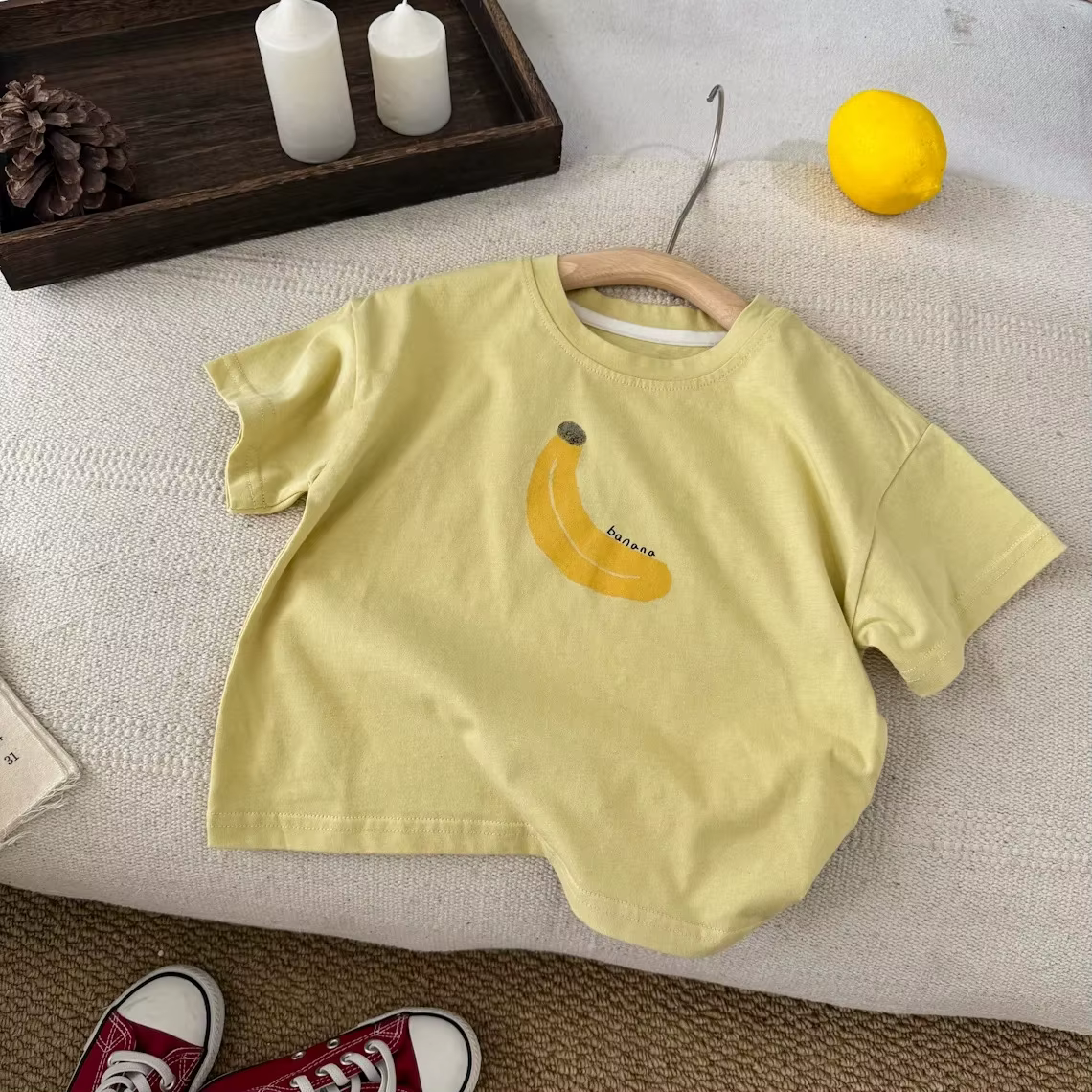 T-shirt Apple Banana pour garçons et filles, vêtements d'été mignons, col rond, haut en pur coton, t-shirts blancs et jaunes pour tout-petits
