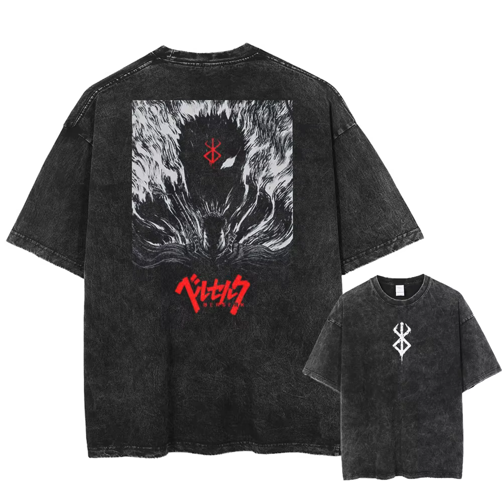 Berserk-T-shirt vintage en coton délavé pour homme et femme