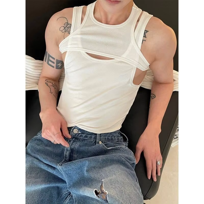 Style américain nouveaux hauts Sexy creux faux deux pièces vêtements pour hommes été évider mode mince musculation débardeurs