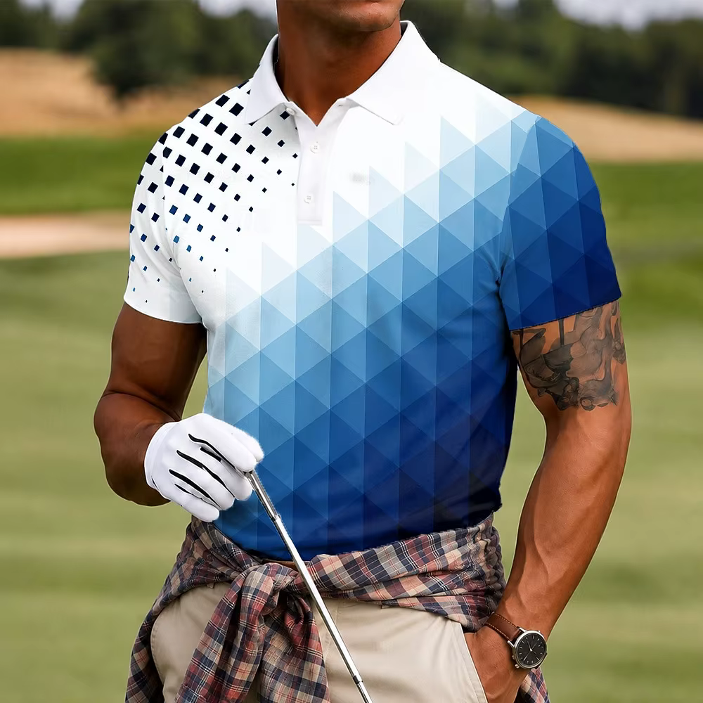Polo pour homme à imprimé géométrique dégradé noir et blanc