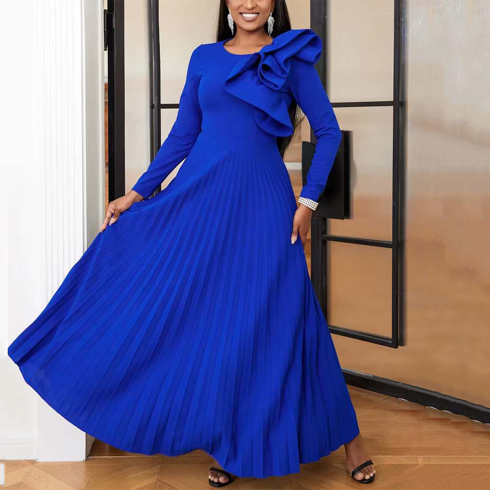 Robe longue plissée à manches longues et col rond pour femme, robe de soirée de luxe, volants, longueur rinçage, élégante, automne, hiver, nouveau, 2024