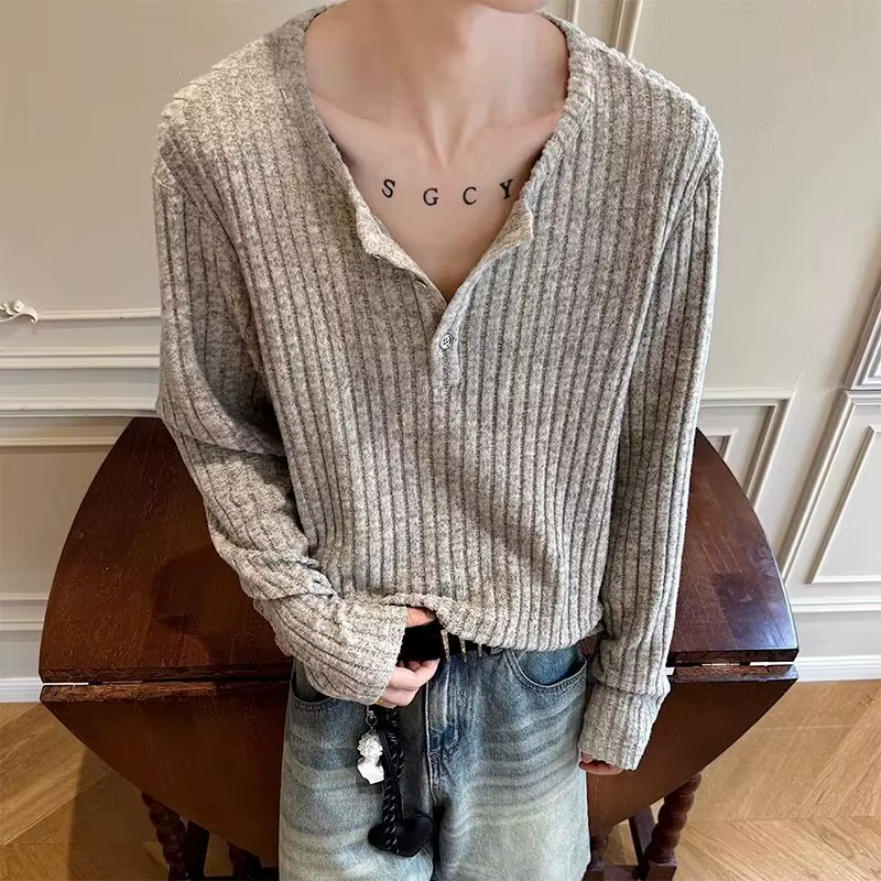 T-shirt à col Henry à manches longues pour homme – Nouvelle collection Printemps-Automne 2026 – Décontracté et confortable