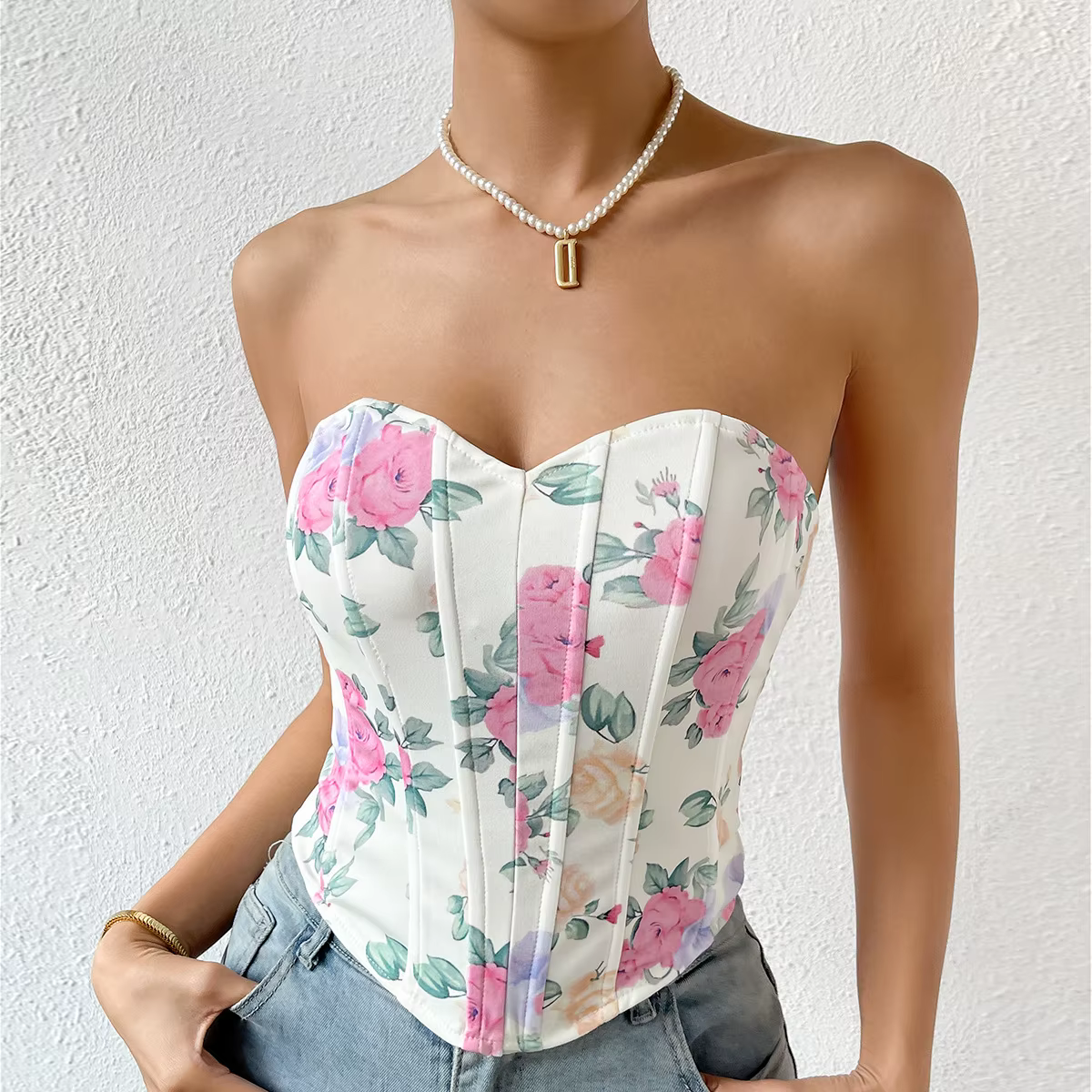 2025 Sexy Hors Épaule Spicy Girl Débardeur Coupe Basse Dos Ouvert Fleur Imprimé Corsets Camis High Street Fishbone Bustier Crop Tops