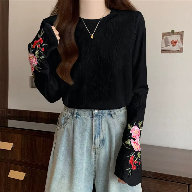 Femmes Style chinois T-shirt broderie Jacquard coupe ample haut printemps automne col rond blouse décontractée pour corps courbé