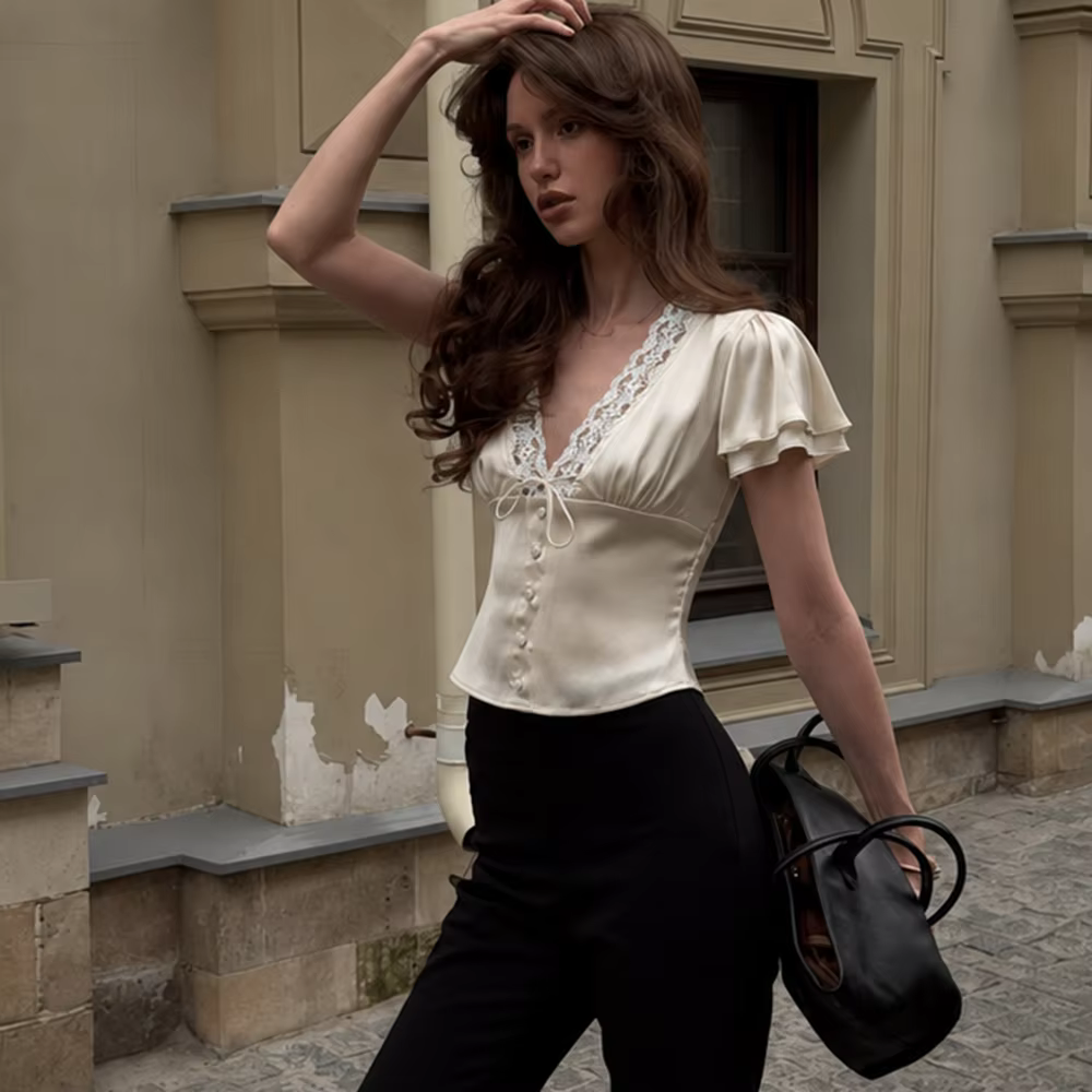 Tuularose élégant dentelle T-Shirt femme Sexy col en v