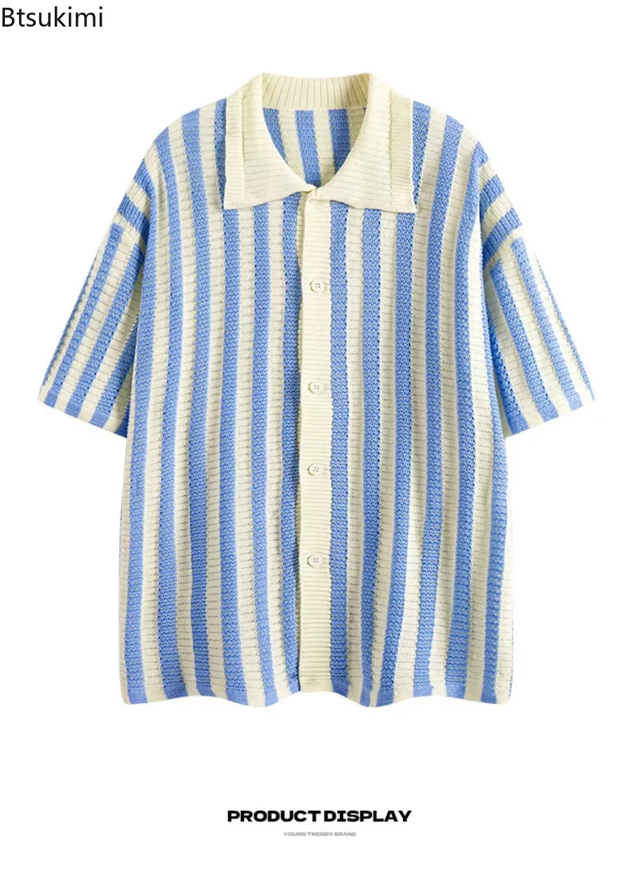 Nouveau Polo en Tricot Tendance pour Homme 2026 – Pull d'Été Ample et Confortable à Rayures Creuses