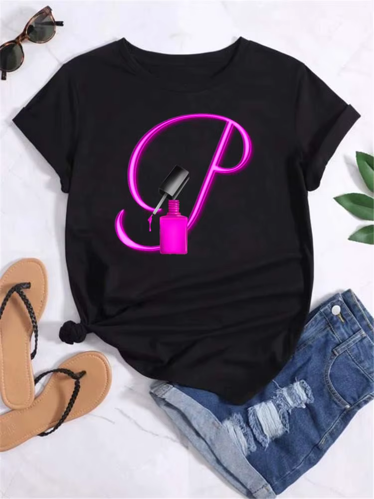 Créatif 26 lettres combinaison mode femmes T-shirt vernis à ongles lettre police A B C DShort manches hauts
