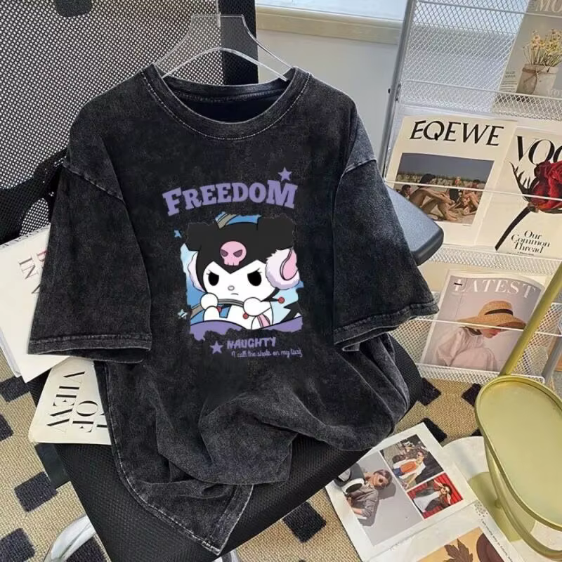 T-shirt d'été Kuromi pour hommes et femmes, style rétro américain, en coton délavé, coupe ample, effet usé, manches courtes, imprimé dessin animé