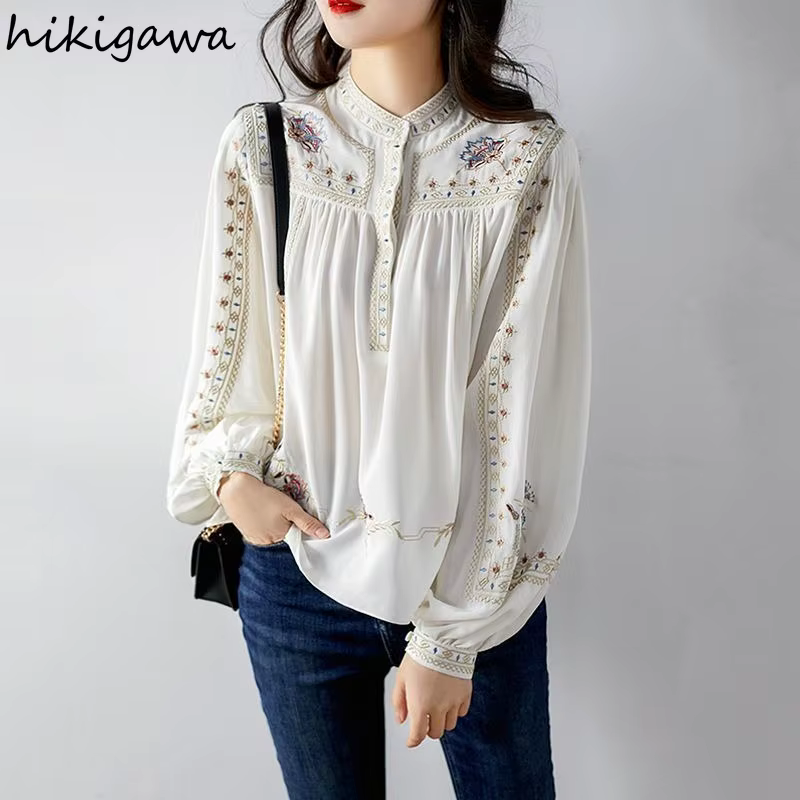 Chemisier De mode pour femmes à manches longues imprimé chemises amples 2025 Blusas Mujer De Moda col rond Vintage bohême été Blouses hauts