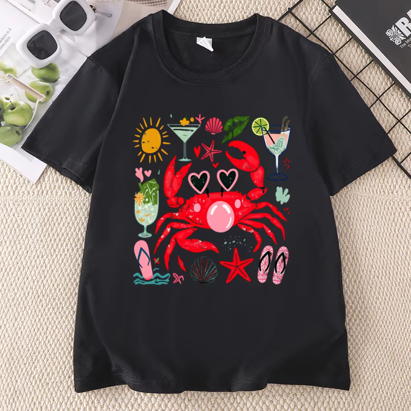 T-shirt graphique amusant avec crabe soufflant des bulles, T-shirt d'été pour la plage, T-shirt imprimé en coton à manches courtes et col rond