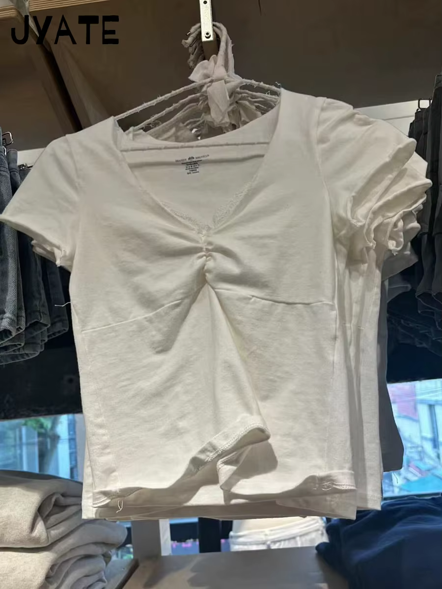 T-shirts courts blancs à nœud en dentelle pour femmes