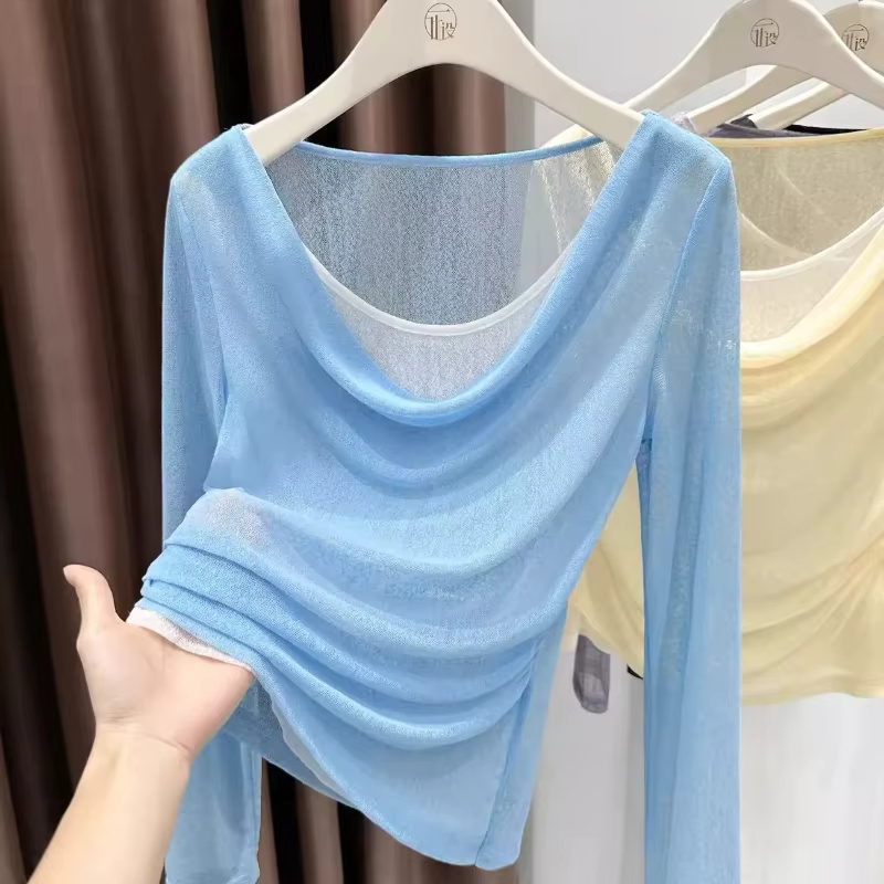 T-shirt à manches longues en tulle bleu clair pour femme
