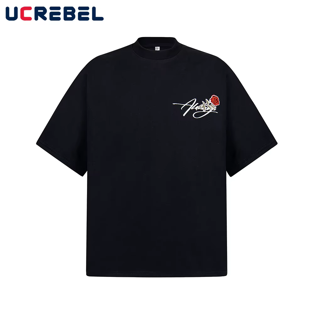 Rose fleur broderie à manches courtes T-shirt hommes rétro haute rue demi-manches ample col rond coton