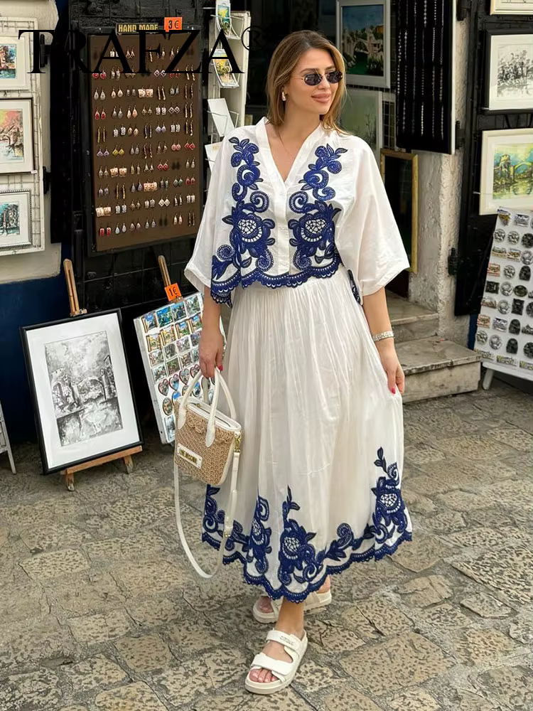 HH 2024 femmes mode bleu broderie florale Blouse décontracté ample col en V simple boutonnage chemise femme Chic haut Y2K