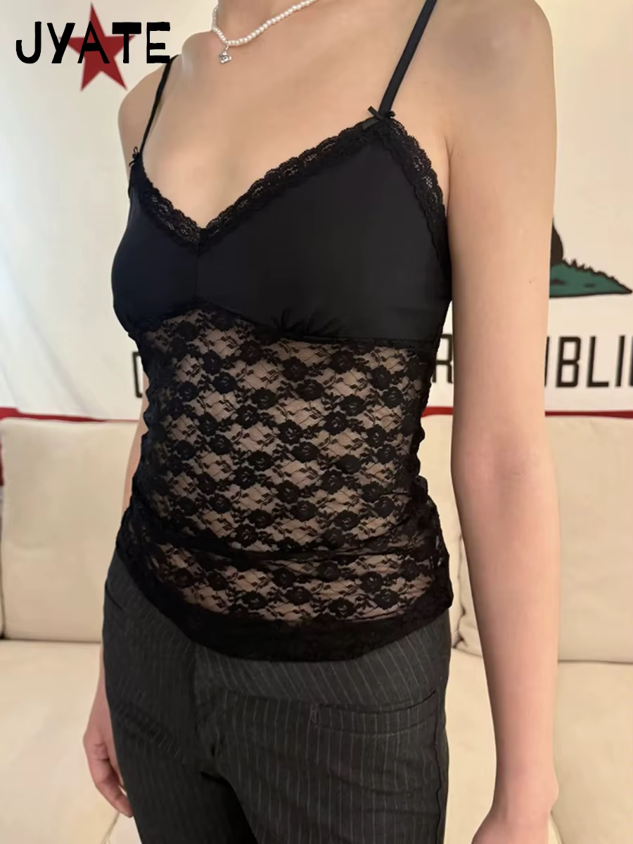 Débardeur transparent noir en dentelle avec nœud pour femme