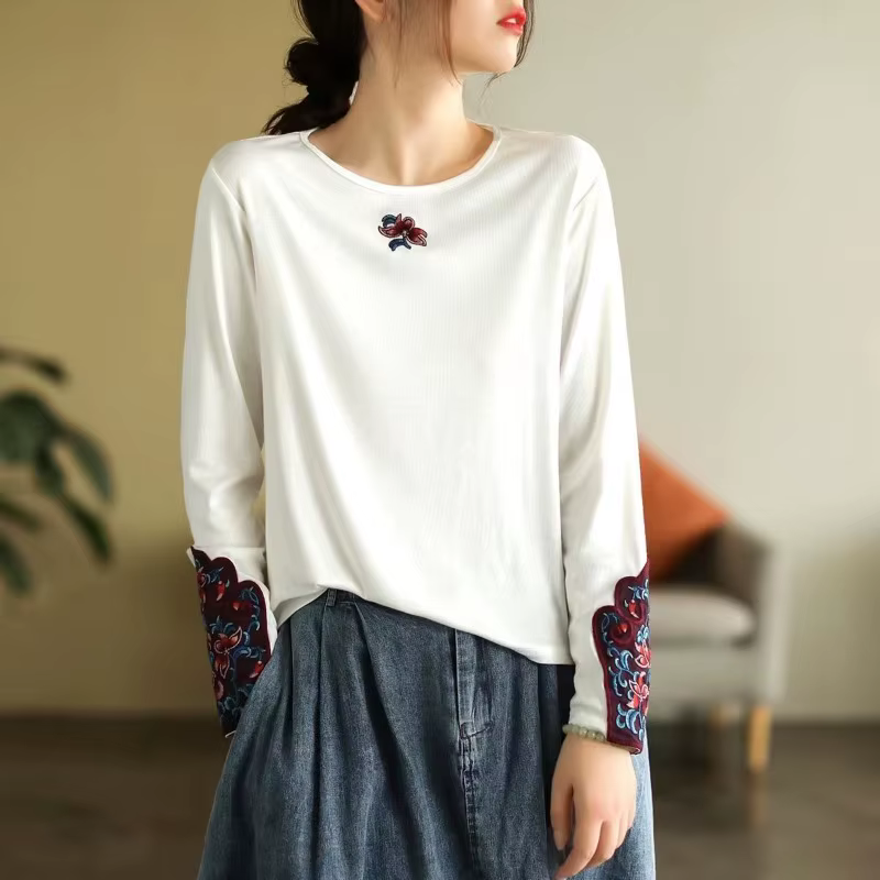 Femmes ethnique broderie à manches longues t-shirt 100% coton coupe ajustée col rond haut automne mode chemise décontractée pour vêtements de base en plein air