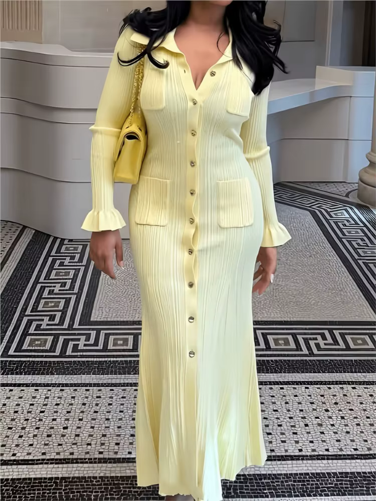 Robe tricotée élégante pour femmes, Slim, revers, manches évasées, poches, robes longues, couleur unie, à la mode, automne
