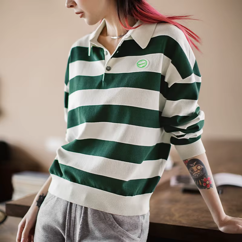 Maden rétro classique blanc et vert couleur bloquant rayé Polo pour les femmes automne à manches longues T-shirt ample décontracté hauts