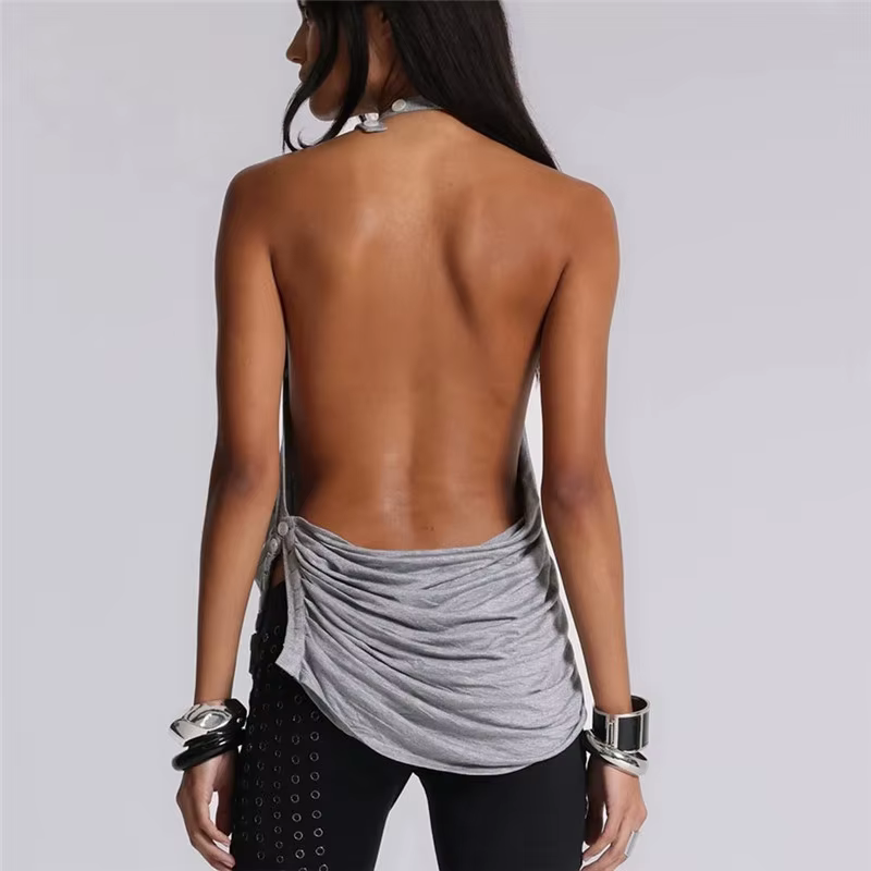 Haut d'été asymétrique sans manches à col bénitier et dos nu pour femme