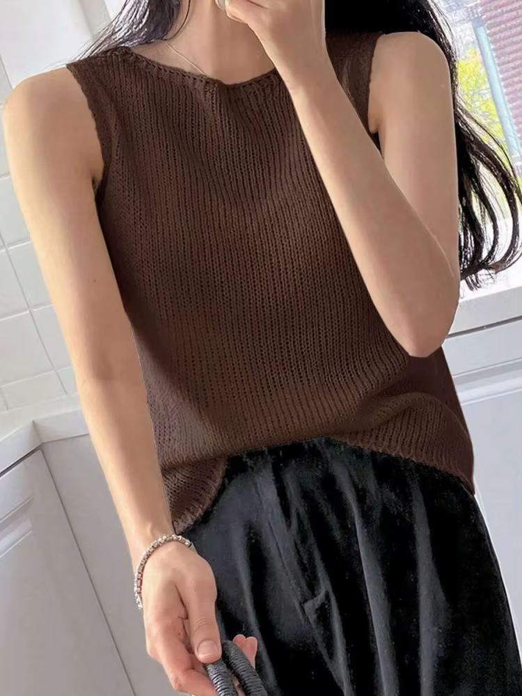 Pull sans manches à col rond pour femme, couleur unie, tricot ample, élégant, confortable, respirant, pour l'été, pour les loisirs