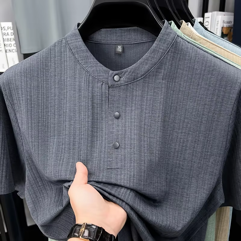 T-shirt Henley en lin texturé pour homme avec col mandarin