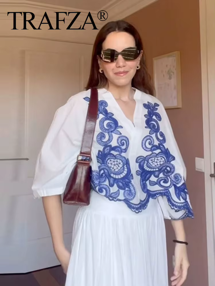 HH 2024 femmes mode bleu broderie florale Blouse décontracté ample col en V simple boutonnage chemise femme Chic haut Y2K