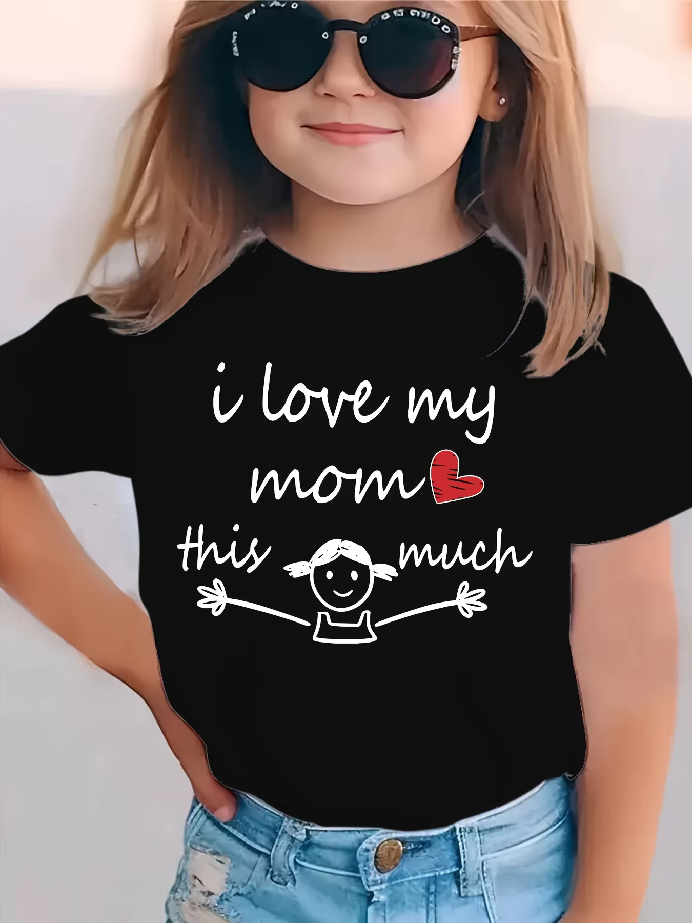 T-Shirt graphique «I LOVE MY MOM THIS MUCH» pour filles, haut d'été décontracté à manches courtes avec motif cœur, col rond, vêtements pour enfants