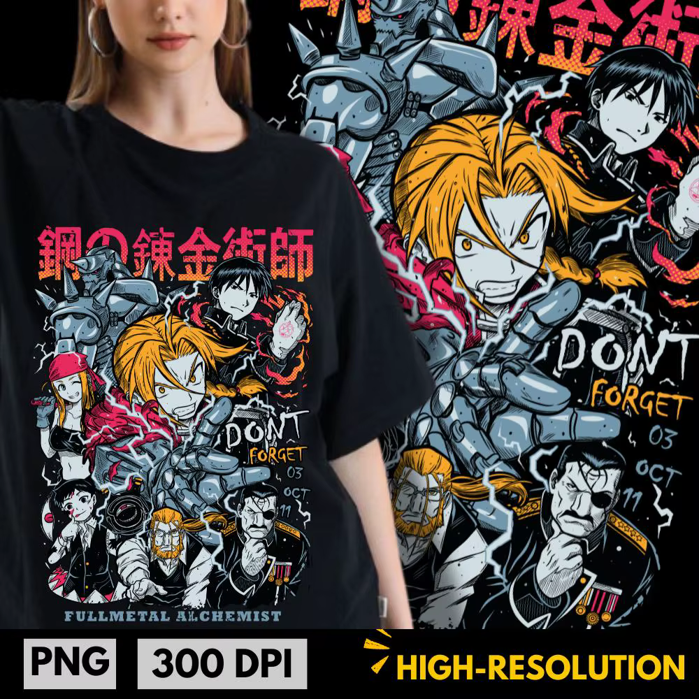 T-shirt classique japonais avec impression graphique de Manga FULLMETAL ALCHEMIST