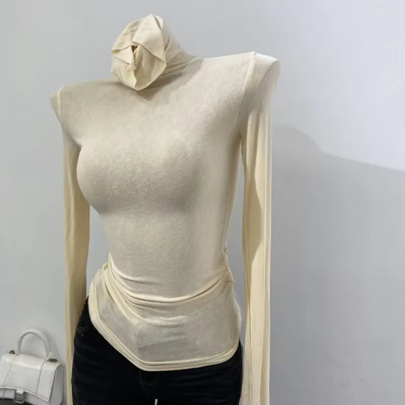 Mince doux américain à manches longues T-shirt col haut empilé serré Perspective bas chemise femmes coupe ajustée hauts Sexy Streetwear