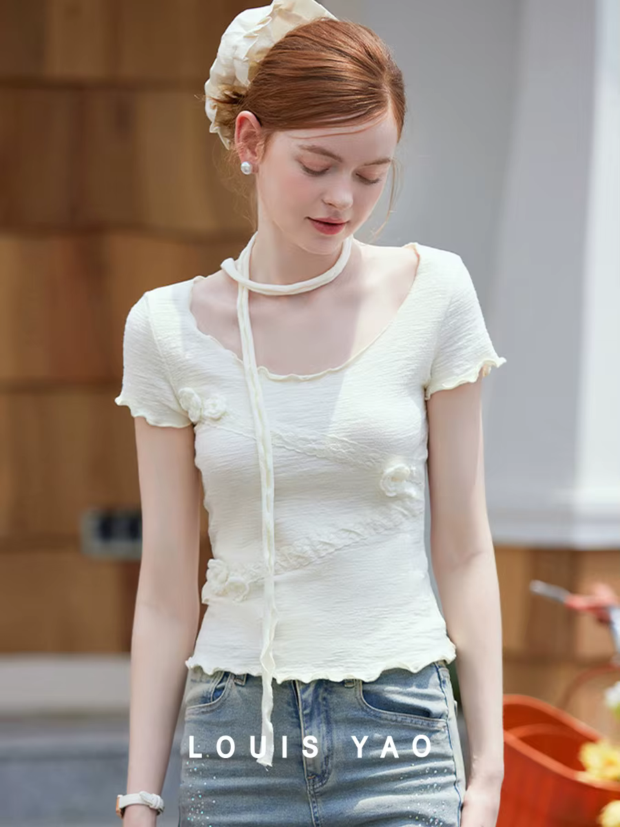LOUIS YAO T-shirt femme 2025 mode d'été 3D fleur décoration dentelle épissage manches courtes Micro élastique coupe ajustée T-shir