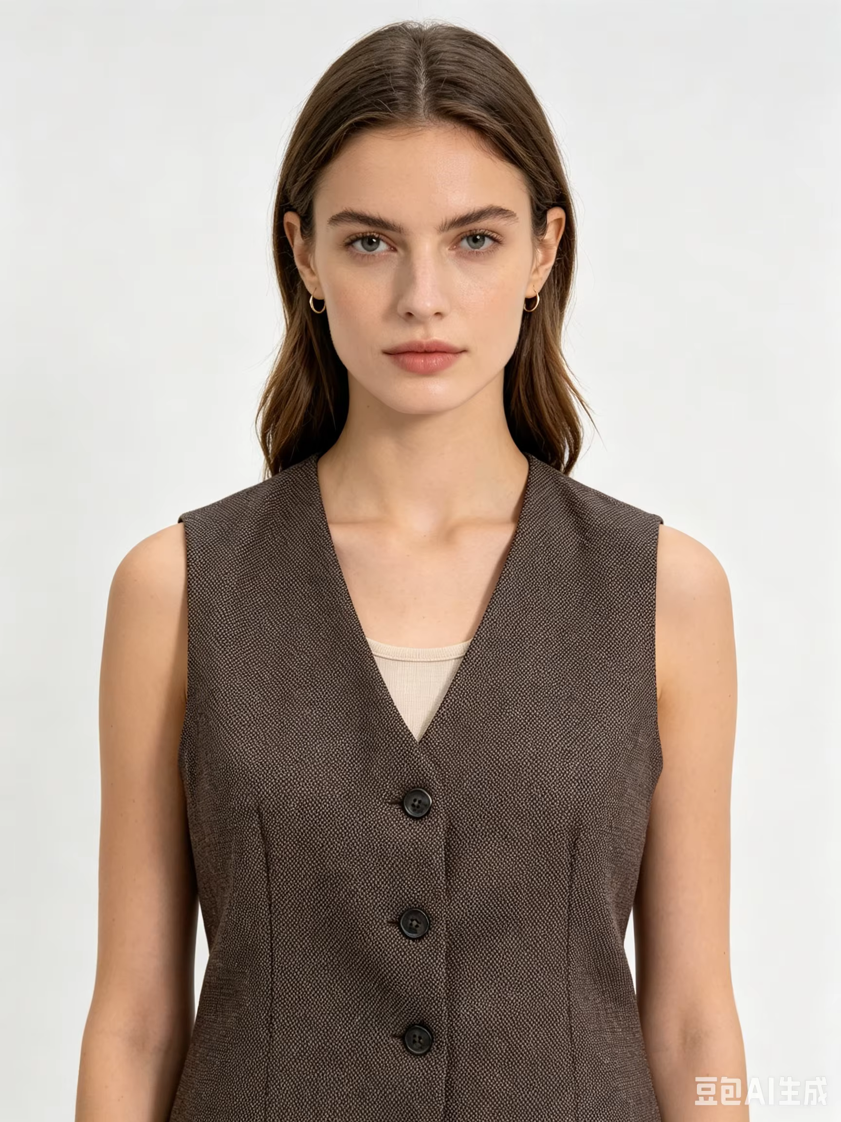 Gilet marron à col en V et simple boutonnage pour femme