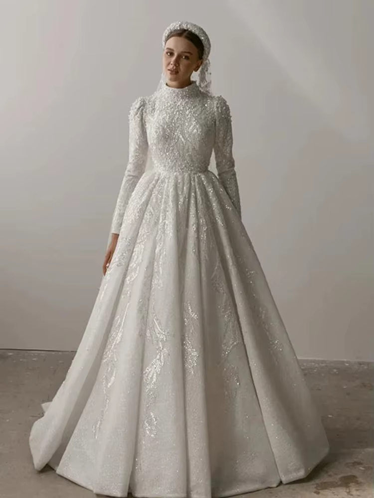 Robe De mariée luxueuse en dentelle brodée, col haut, ligne a, manches longues, robe De mariée personnalisée