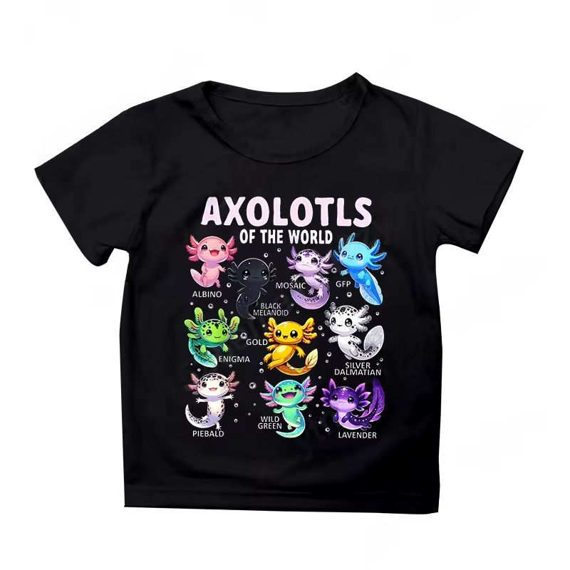 Dessin animé coloré Axolotls graphique impression 3D T-Shirt été décontracté confortable filles vêtements 2-10Y