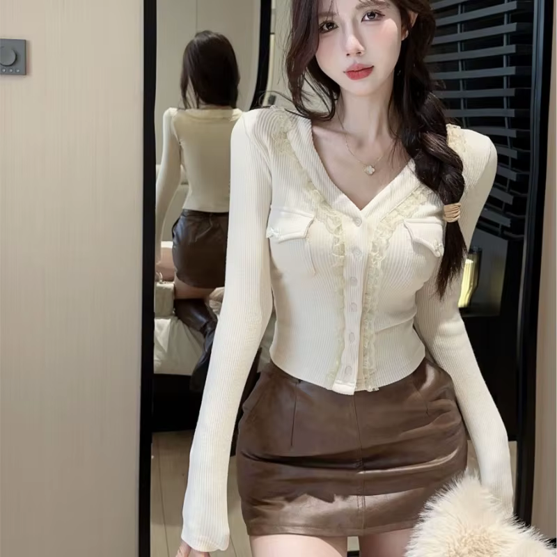 Dentelle Patchwork t-shirt pour femme volants col en V Vintage Sexy Ropa De Mujer mode coréenne basiques t-shirts courts