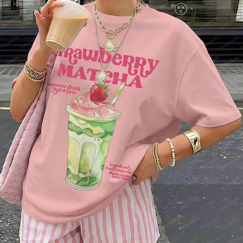 T-shirt imprimé thé Matcha fraise à manches courtes et col rond