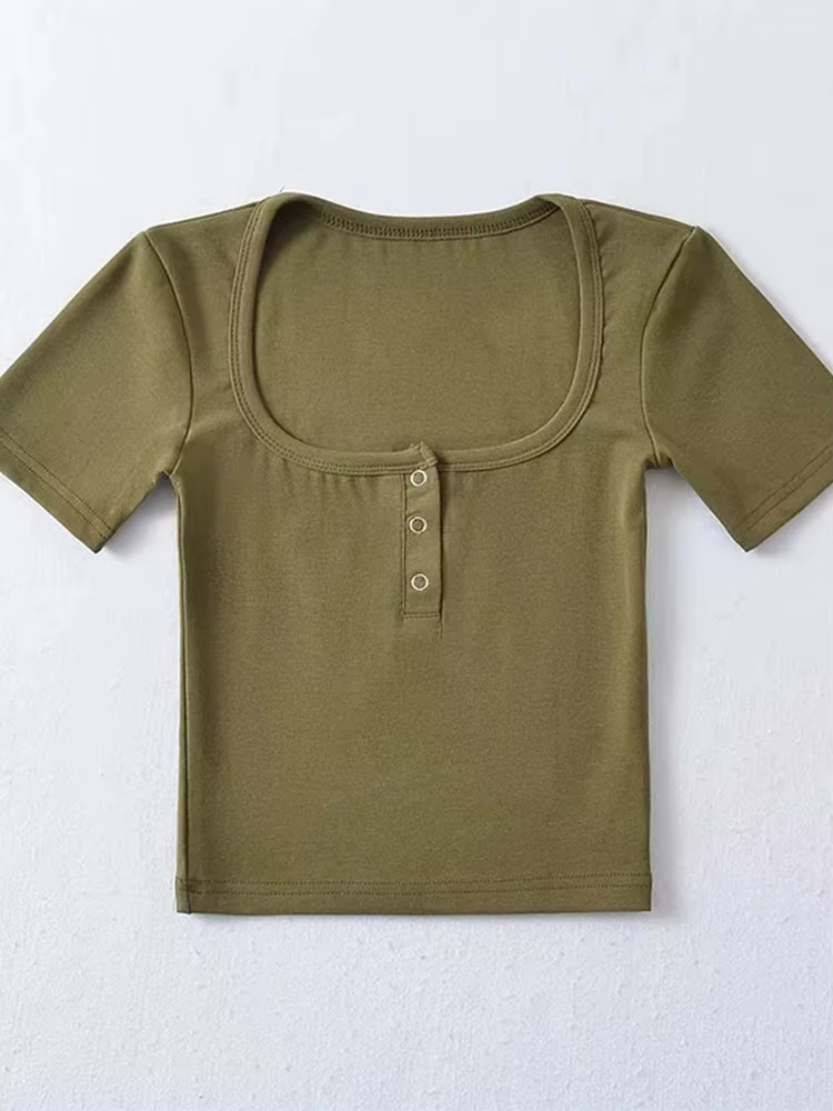 T-shirt court à manches courtes pour femmes, avec boutons sur le devant