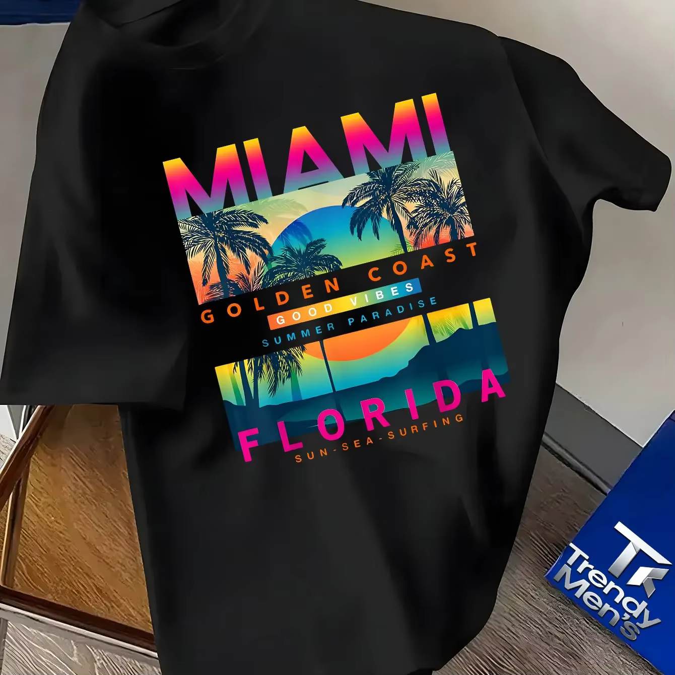 T-shirt pour homme Miami Florida, best-seller, 100% coton, imprimé plage estivale "Gold Coast", style décontracté, style streetwear, plein d'ambiance tropicale