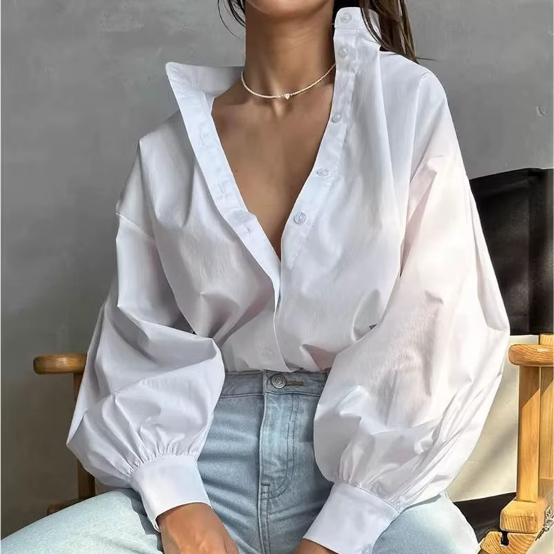 Élégant lanterne manches femmes chemise blanche 2025 nouvelle mode Streetwear surdimensionné Blouses décontracté col montant ample femmes chemises