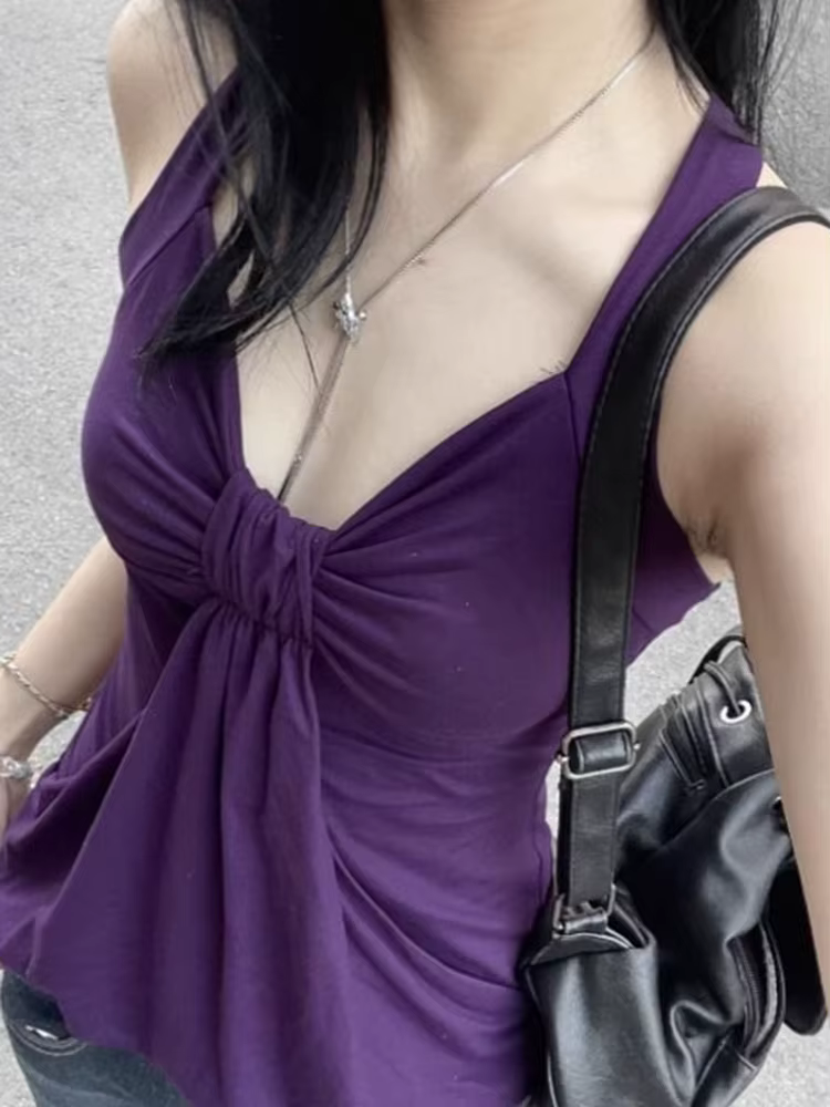 Aoaiiys Débardeur Violet Plissé Halter pour Femme