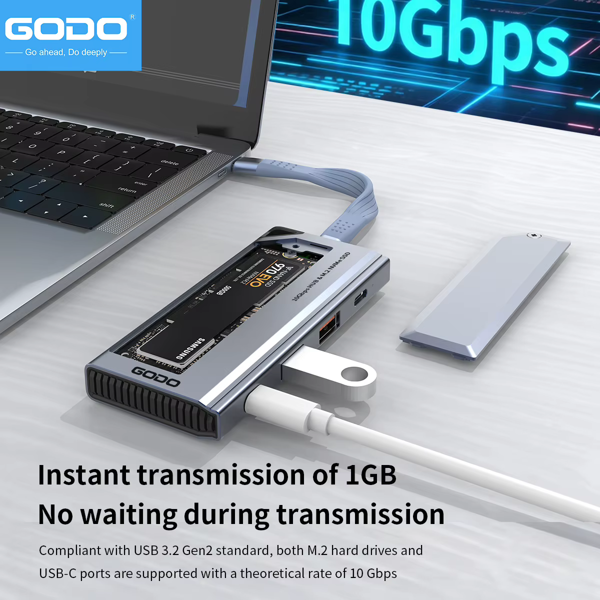 Boîtier de disque dur SSD NVMe M.2 GODO, USB3.2 Gen 2 10 Gbps, PD 100 W, adaptateur 4 en 1, station d'accueil d'extension USB