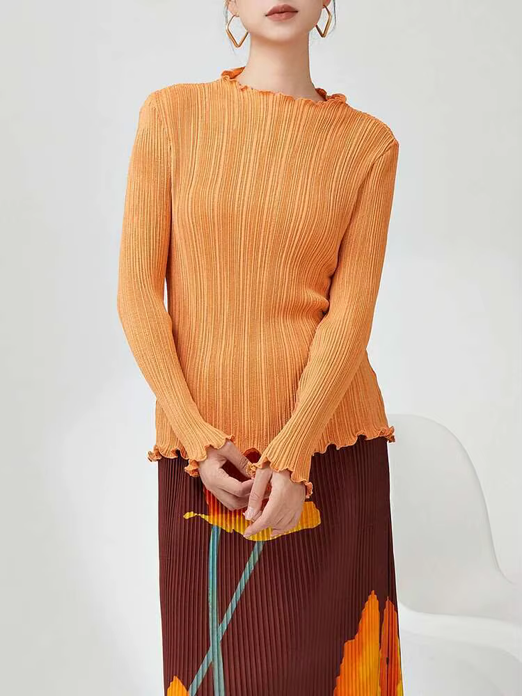 LANMREM T-shirt plissé pour femmes col à volants manches longues couleur unie Style mince femme haut 2025 printemps nouveau 2DB1078