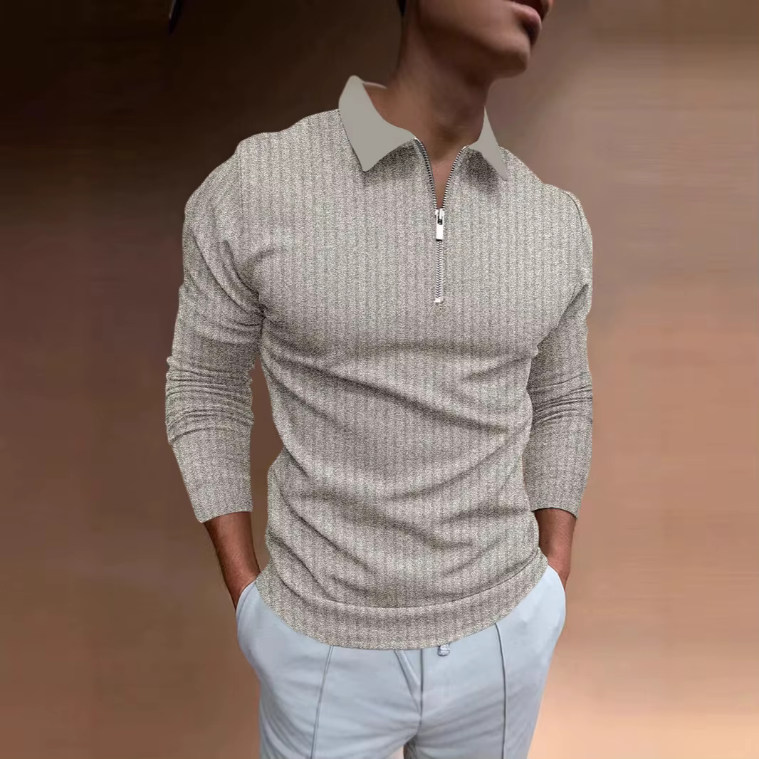 Polo pour hommes avec col, rayures, manches longues et fermeture éclair