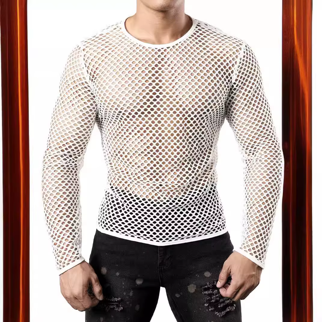 2025 hommes t-shirt maille Transparent col rond à manches longues T-shirts Sexy Streetwear mode fête discothèque