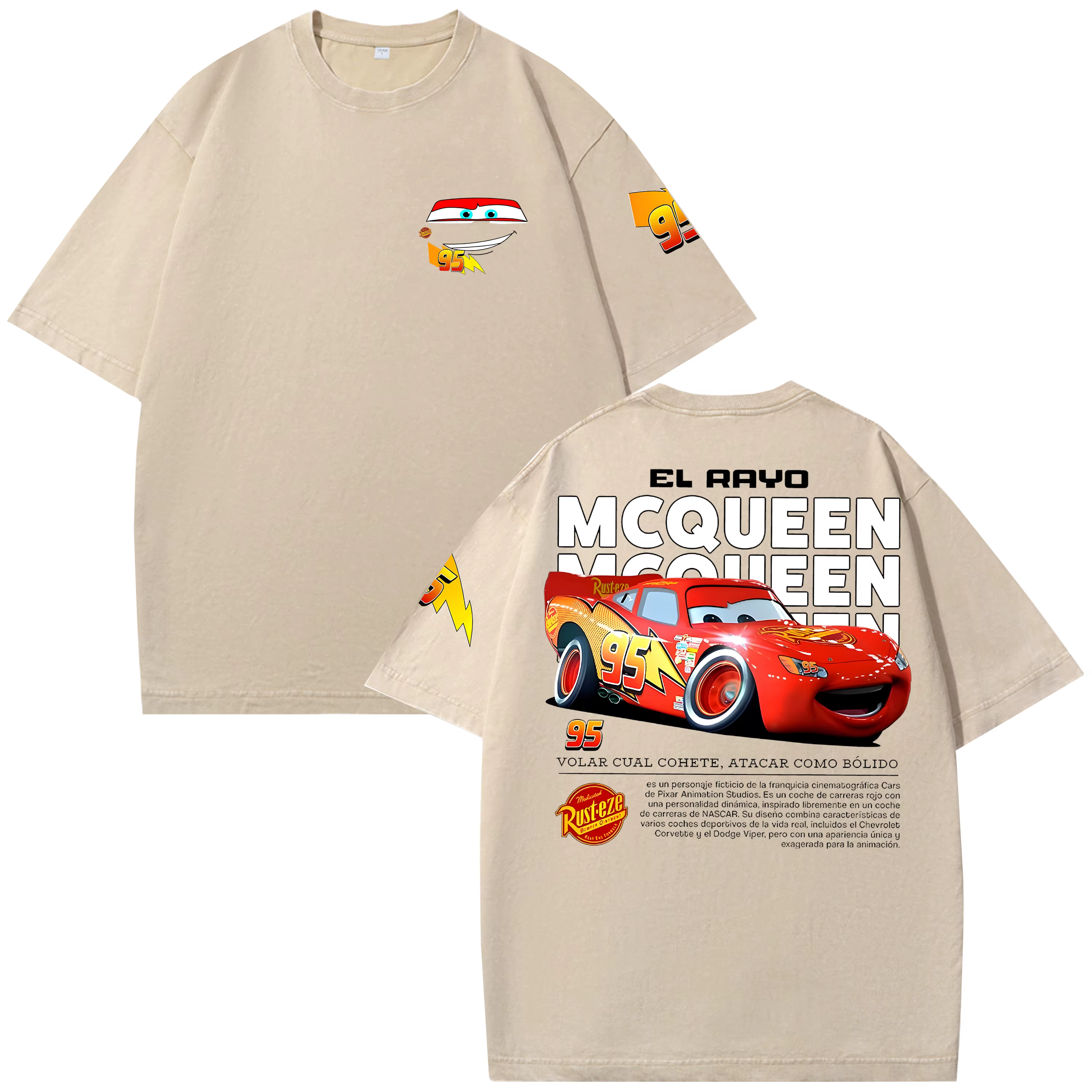 T-shirt Rétro Lightning McQueen Effet Délavé Homme et Femme Coupe Oversize Manches Courtes Motif Voiture Dessin Animé