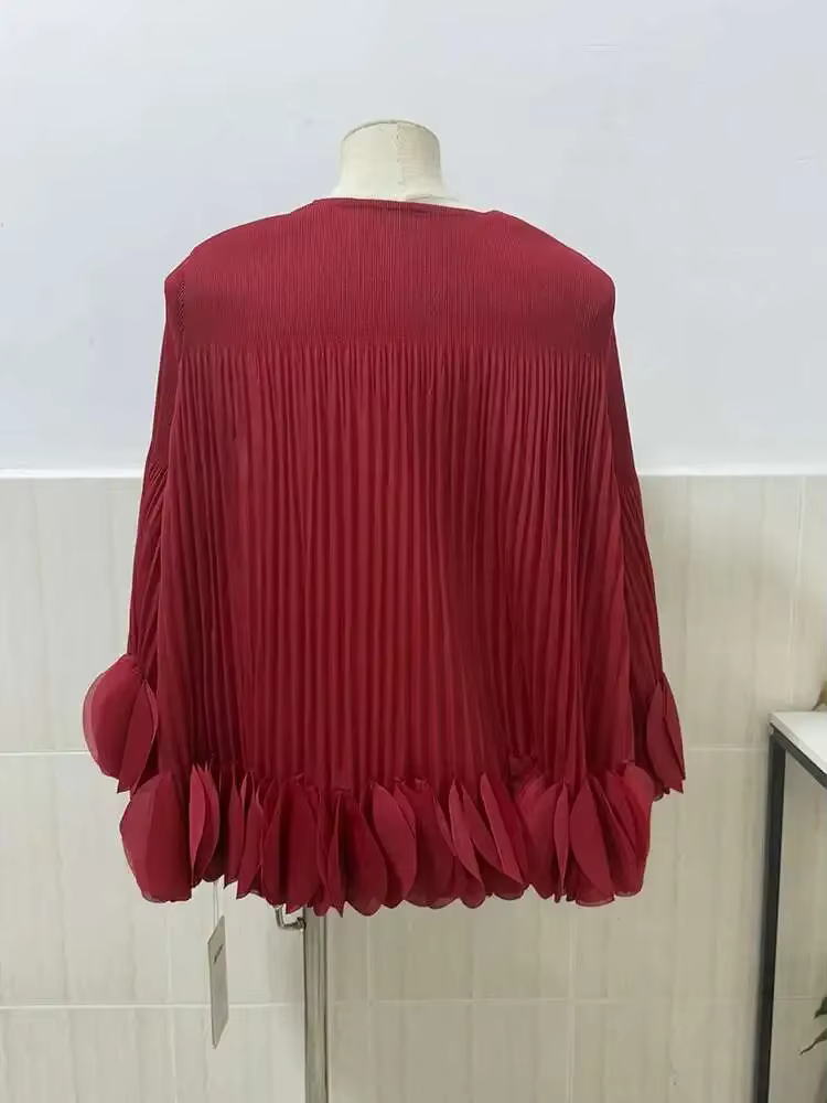Fold Miyake plissé Appliques t-shirt femmes col rond manches longues couleur unie une ligne ample mode pull nouveau 2025 hauts