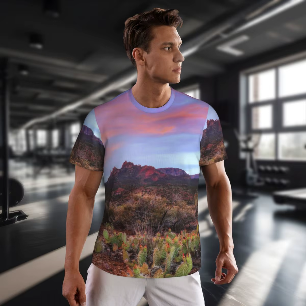 Désert coucher de soleil T-Shirt Cactus paysage à la mode Cool Gym t-shirts manches courtes respirant