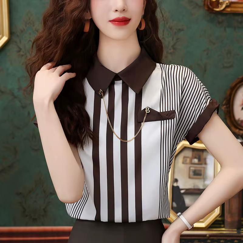 Chemise française en mousseline de soie rayée pour femmes